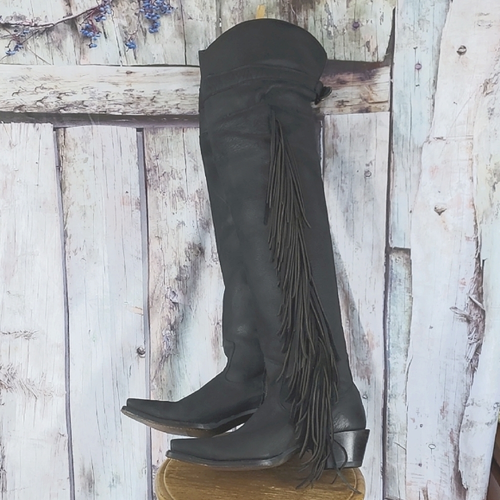Stetson GLAM 9 Black Over the Knee Leather Fringe Boots